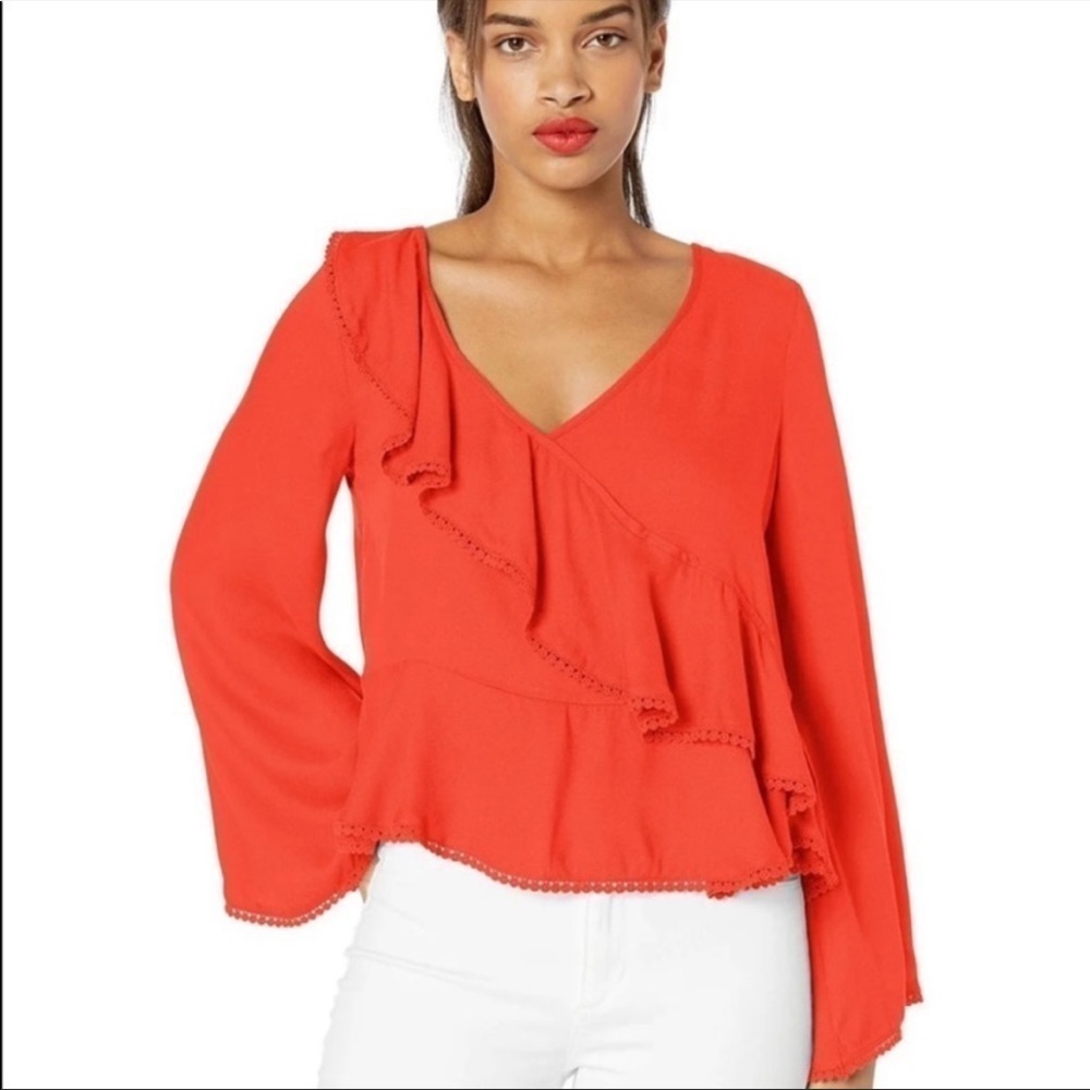 Cupcakes & Cashmere Orange Ruffle Front Blouse